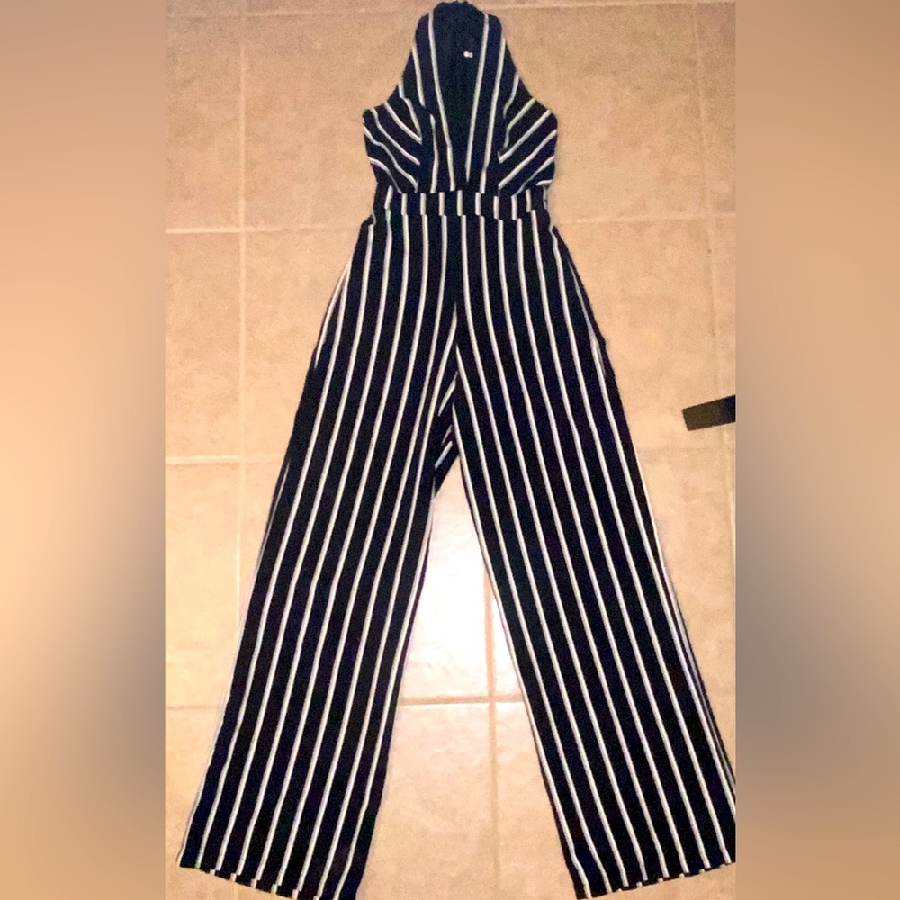 MUSTARD SEED SMALL Black and white striped short sleeve wide leg romper/Jumpsuit